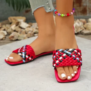 Women Slippers Summer Fashion Beach Mules Casual Indoor Home Slippers Selling Sexy Braided Square Toe Flat Sandals Slides Women - Image 5