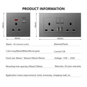 Universal 18W Type-C Quick charge Double Power Outlet,220V Electrical Wall Light 2way Switch UK 13A Wall Double USB Plug Socket - Image 3