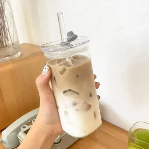 1Pcs Square Heat Resistant Coffee Glass Cup With Lid and Straw Transparent Milk Tea Juice Cups Coffee Mug For Home Bar Drinkware - Image 1