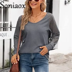 Fashion See-through Striped Long Sleeve T-Shirt Female Autumn Loose V Neck Pullover Tops Women Solid Color Casual Commuter Tees - Image 4