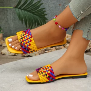 Women Slippers Summer Fashion Beach Mules Casual Indoor Home Slippers Selling Sexy Braided Square Toe Flat Sandals Slides Women - Image 3