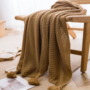 Nordic Blankets for Bed Sofa Couch Chunky Knit Bedspread Knitted Throw Blanket with Tassel Plain Color Waffle Embossed Blanket - Image 6
