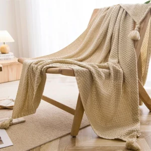 Nordic Blankets for Bed Sofa Couch Chunky Knit Bedspread Knitted Throw Blanket with Tassel Plain Color Waffle Embossed Blanket - Image 2