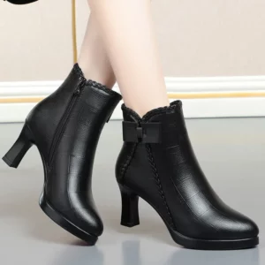 Autumn Women's Platform Shoes New Plus Velvet Stiletto Heel Heeled Ankle Boots Winter Versatile Pointed Toe Warm Short Boots - Image 4