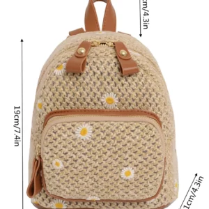 Mini Floral Embroidered Straw Bag Perfect For Summer Beach Travel Vacation Fashionable Student Straw Small Backpack - Image 6