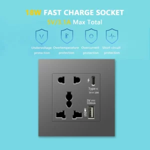 Universal 18W Type-C Quick charge Double Power Outlet,220V Electrical Wall Light 2way Switch UK 13A Wall Double USB Plug Socket - Image 5