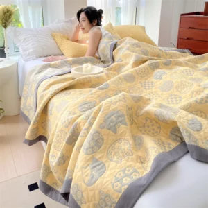 Towel Blanket for Sofa Pure Cotton Thread Blanket Yellow Color Cat Printed Plaids for Bed Queen Size Summer Bedspread/Quilt - Image 7
