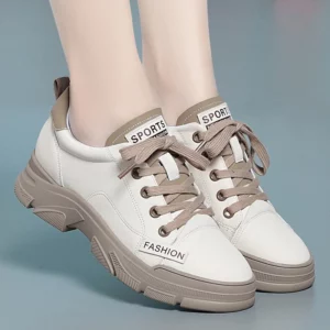 Spring Non-slip Soft Leather Sneaker Trekking Footwear New Women's Thick-soled Lace-up Leisure Skateboard Sports Shoes - Image 1