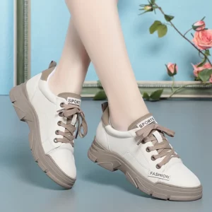 Spring Non-slip Soft Leather Sneaker Trekking Footwear New Women's Thick-soled Lace-up Leisure Skateboard Sports Shoes - Image 3