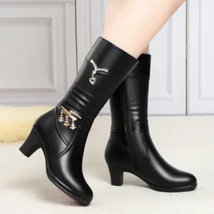 Women Comfortable Fleece Medium Boots Autumn Winter New Style Thick Heel Side Zipper Pointed Fashion High Heels Boots Elegant - Image 3