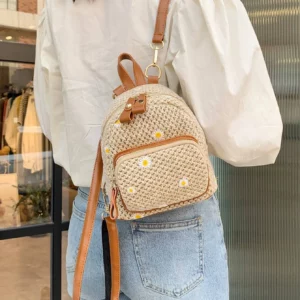Mini Floral Embroidered Straw Bag Perfect For Summer Beach Travel Vacation Fashionable Student Straw Small Backpack - Image 5