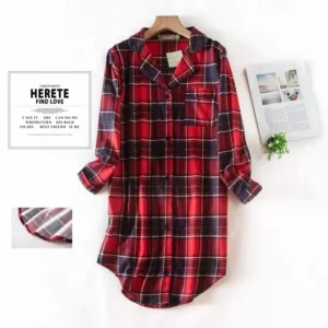 Flannel Cotton Home Nightdress Cardigan Shirt Night Dress Cute Cartoon Plaid Design Sleepwear Fashion Sleeping Shirt Woman - Image 5