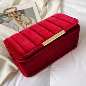 Neon Red Flap Chain Square Bag Velor Leather Fashionable Dating Gift Shoulder & Crossbody Bag With Chain Strap For Women - Image 3