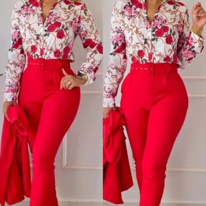 elegant print shirt and pants two piece sets women 2023 spring autumn fashion long sleeve shirts high waist pant casual suits - Image 6