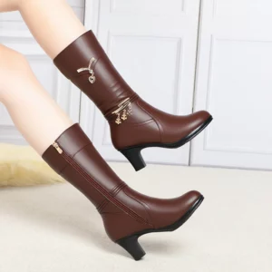 Women Comfortable Fleece Medium Boots Autumn Winter New Style Thick Heel Side Zipper Pointed Fashion High Heels Boots Elegant - Image 2