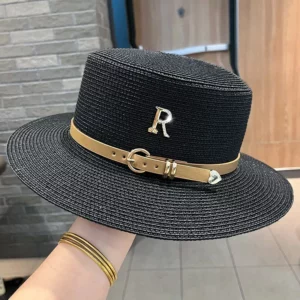 New Metal R Letter Buckle Straw Hat Leisure Summer Travel Sunscreen Hat Women's Fashionable Beach Hat Vintage Hat Church Hats - Image 5