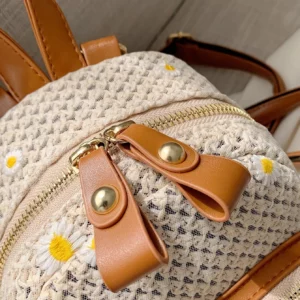 Mini Floral Embroidered Straw Bag Perfect For Summer Beach Travel Vacation Fashionable Student Straw Small Backpack - Image 4