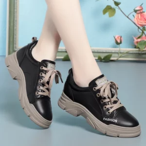 Spring Non-slip Soft Leather Sneaker Trekking Footwear New Women's Thick-soled Lace-up Leisure Skateboard Sports Shoes - Image 6