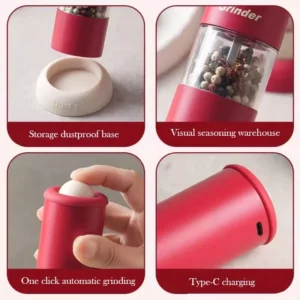 Electric Salt and Pepper Grinder Rechargeable Automatic Pepper Mill Grinder Adjustable Coarseness Shakers One-Hand Operation RED - Image 6