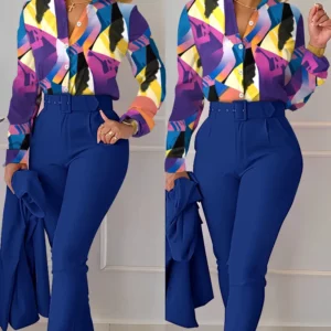elegant print shirt and pants two piece sets women 2023 spring autumn fashion long sleeve shirts high waist pant casual suits - Image 2