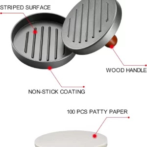 Burger Press Patty Maker Stainless Steel Hamburger Patty Press Mold Wood Handle Non-Stick with 100 Patty Papers - Image 2