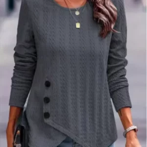 Women's Long Sleeve Round Neck Top Solid Color Button Jacquard T-Shirt Elegant Trend Autumn Top - Image 3