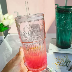 600ML Large Capacity Straw Glass Coffee Milk Cup Dark Green Goddess Model Summer Water Cup with Lid and Straw - Image 2
