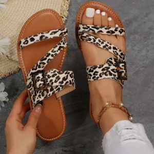 Women Summer Leopard Pattern Sandals New Fashion Retro Large Flat Slippers Outdoor Vacation Beach Casual Shoes Lightweight - Image 1