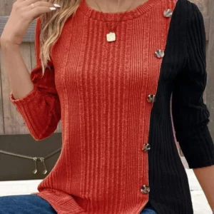 Women's Round Neck Long Sleeved Color Blocked Button T-shirt Daily Office Casual Comfortable Autumn Top - Image 4