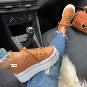 2023 Women Light Sneakers Fashion PU Leather Round Head Platform Sports Lace-Up Walking Ladies Vulcanize Shoes Height Increasing - Image 2