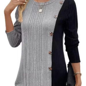 Women's Round Neck Long Sleeved Color Blocked Button T-shirt Daily Office Casual Comfortable Autumn Top - Image 3