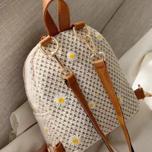 Mini Floral Embroidered Straw Bag Perfect For Summer Beach Travel Vacation Fashionable Student Straw Small Backpack - Image 2