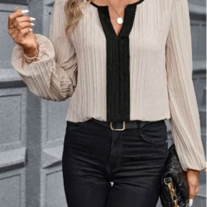 2024 New Bubble Long Sleeve Color Blocked Shirts Women's Elegant Commuting V-Neck Top Autumn Clothes - Image 4