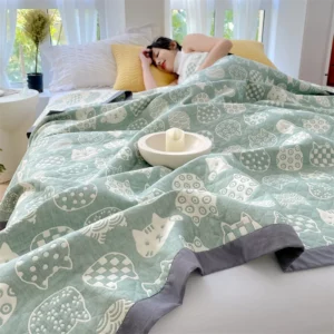 Towel Blanket for Sofa Pure Cotton Thread Blanket Yellow Color Cat Printed Plaids for Bed Queen Size Summer Bedspread/Quilt - Image 5