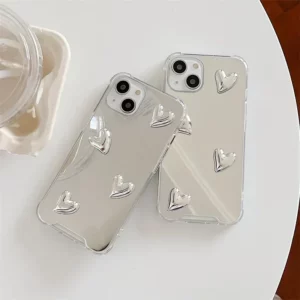 Fashion Korean Style Cute Heart Soft Silicone Clear Case For IPhone 16 13 Pro Max 14 11 12 15 XR 7 8 Plus Silvery Mirror Cover - Image 4