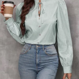 Women V-Neck Button Down Long Sleeve Top Solid Color Striped Shirt Office Lady Work Clothes - Image 2