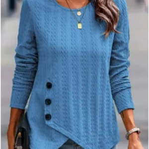 Women's Long Sleeve Round Neck Top Solid Color Button Jacquard T-Shirt Elegant Trend Autumn Top - Image 4