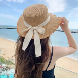 Bow Ribbon Straw Cover Cap Women Wide Brim Soft Top Sun Protection Hat Summer Sunshade Visors Female Vacation Beach Accessories - Image 3