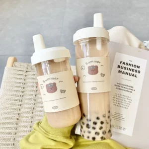 500/850ML Cartoon Bear Water Bottle Large Capacity Plastic Drinking Cups Juice Milk Tea Coffee Straw Cups for Students - Image 5