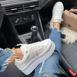 2023 Women Light Sneakers Fashion PU Leather Round Head Platform Sports Lace-Up Walking Ladies Vulcanize Shoes Height Increasing - Image 5