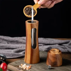 8inch Sets Wooden Salt and Pepper Grinder With Base,Ceramic Core Transparent Window Manual Pepper Mills Kitchen Spice Shaker Set - Image 5