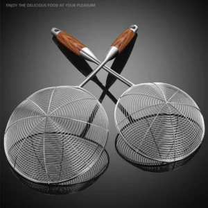 304 Stainless Steel Large Colander with Wooden Handle Mesh Strainer Fried Sieve Spoon Foods Sifter for Noodle French Fries - Image 3