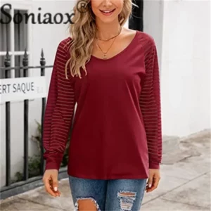 Fashion See-through Striped Long Sleeve T-Shirt Female Autumn Loose V Neck Pullover Tops Women Solid Color Casual Commuter Tees - Image 5