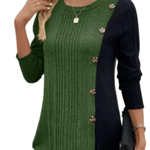 Women's Round Neck Long Sleeved Color Blocked Button T-shirt Daily Office Casual Comfortable Autumn Top - Image 2