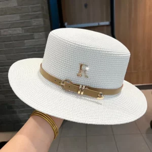 New Metal R Letter Buckle Straw Hat Leisure Summer Travel Sunscreen Hat Women's Fashionable Beach Hat Vintage Hat Church Hats - Image 3