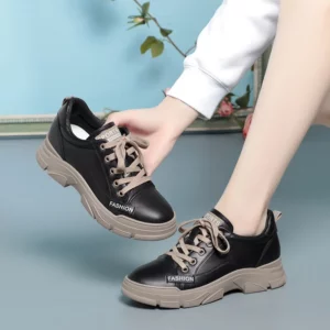 Spring Non-slip Soft Leather Sneaker Trekking Footwear New Women's Thick-soled Lace-up Leisure Skateboard Sports Shoes - Image 2