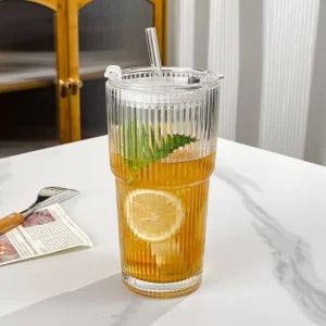 450ml Stripe Coffee Glass Cup With Lid and Straw Transparent Glasses Tea Cup Juice Glass Milk Mocha Cups Breakfast Mug Drinkware - Image 3