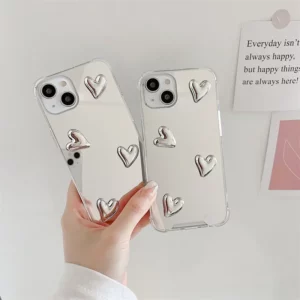 Fashion Korean Style Cute Heart Soft Silicone Clear Case For IPhone 16 13 Pro Max 14 11 12 15 XR 7 8 Plus Silvery Mirror Cover - Image 3