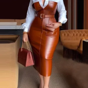 Gymystars Womens Dresses Shirt PU Skirt New Autumn Buttons Long Sleeve Patchwork Pocket Skinny Belted Lapel Female Midi Dress - Image 1