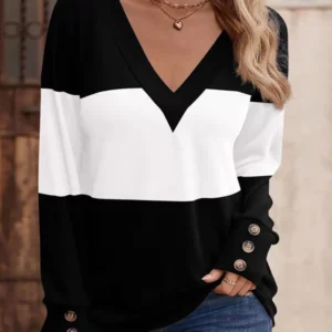 6 Color Blocked Striped Top Women's V-Neck Button Up Long Sleeve T-Shirt Spring Autumn Casual Pullover - Image 2